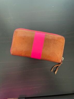 Clare V Brown Leather Zip Wallet with Hot Pink Stripe